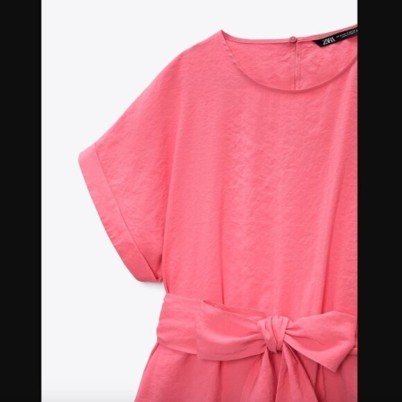 Zara Belted Short Romper XXL Barbie Hot Pink Open Back Pockets Modal Cuffed - Picture 5 of 8